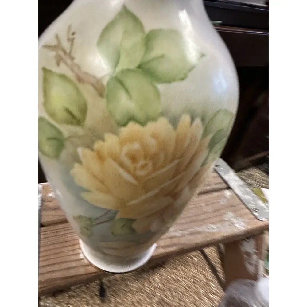 Ruth Houston Hand Painted Yellow‎ Rose Porcelain Vase Gold Gilt Rim Vintage